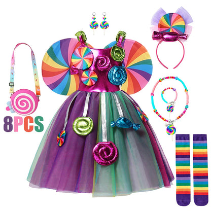 Girls Rainbow Dress Candy Costume Sweet Lollipop Festival Purim Carnival Party 3-10y Children Clothing with Candy Wing Stage Sho