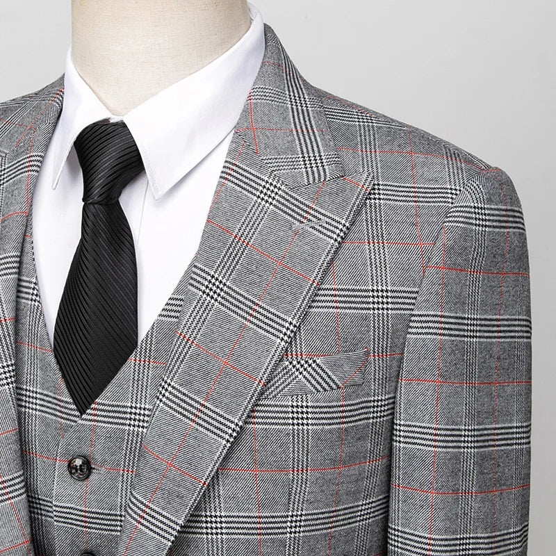 (  Blazer + Vest + Pants ) High-end Brand Gray Plaid Mens Formal Business Office Suit Three-piece Groom Wedding Dress Party Suit