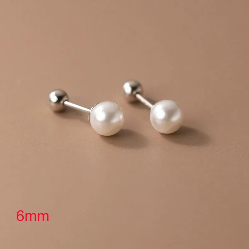 Real 925 Sterling Silver Geometric Round Bead 6/8/10/12mm Pearl Stud Earrings For Women TRENDY Fine Jewelry Accessories
