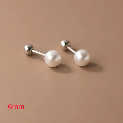 Real 925 Sterling Silver Geometric Round Bead 6/8/10/12mm Pearl Stud Earrings For Women TRENDY Fine Jewelry Accessories