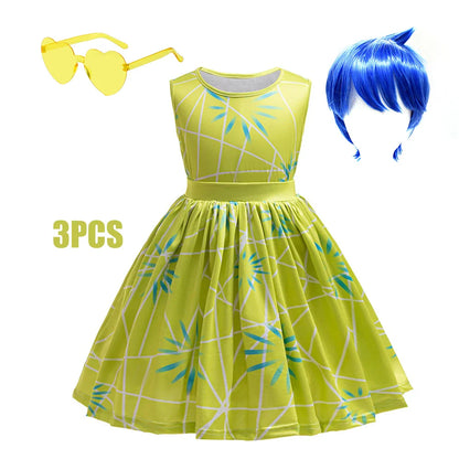 3PCS Full Printing Green Dress for Kids Girl Cosplay Dress+Scarf +Belt Disgust Costume Halloween Disguise Party Joy Clothing