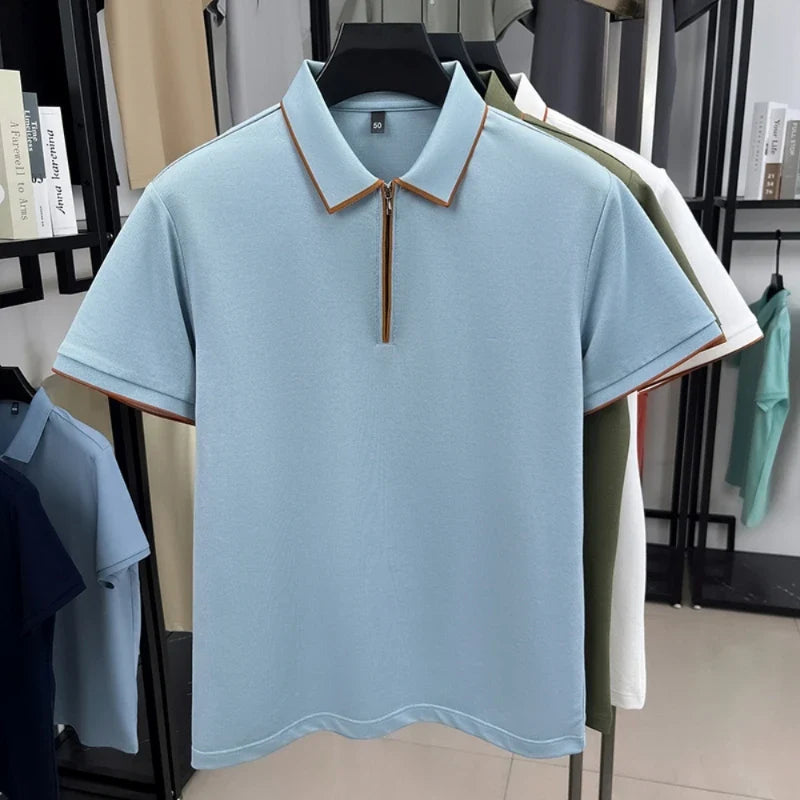 Men's Silk Zipper Polo Shirt Short Sleeve Mulberry T-Shirt Metal Zipper, Stand Collar Luxury Casual Summer Top Cotton&Linen Tee