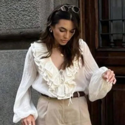 Woman 2025 Oversized Frill Blouse Spring Shirts & Blouses See-Through Chiffon Long Sleeve Top Layered Plus Size Shirts 066
