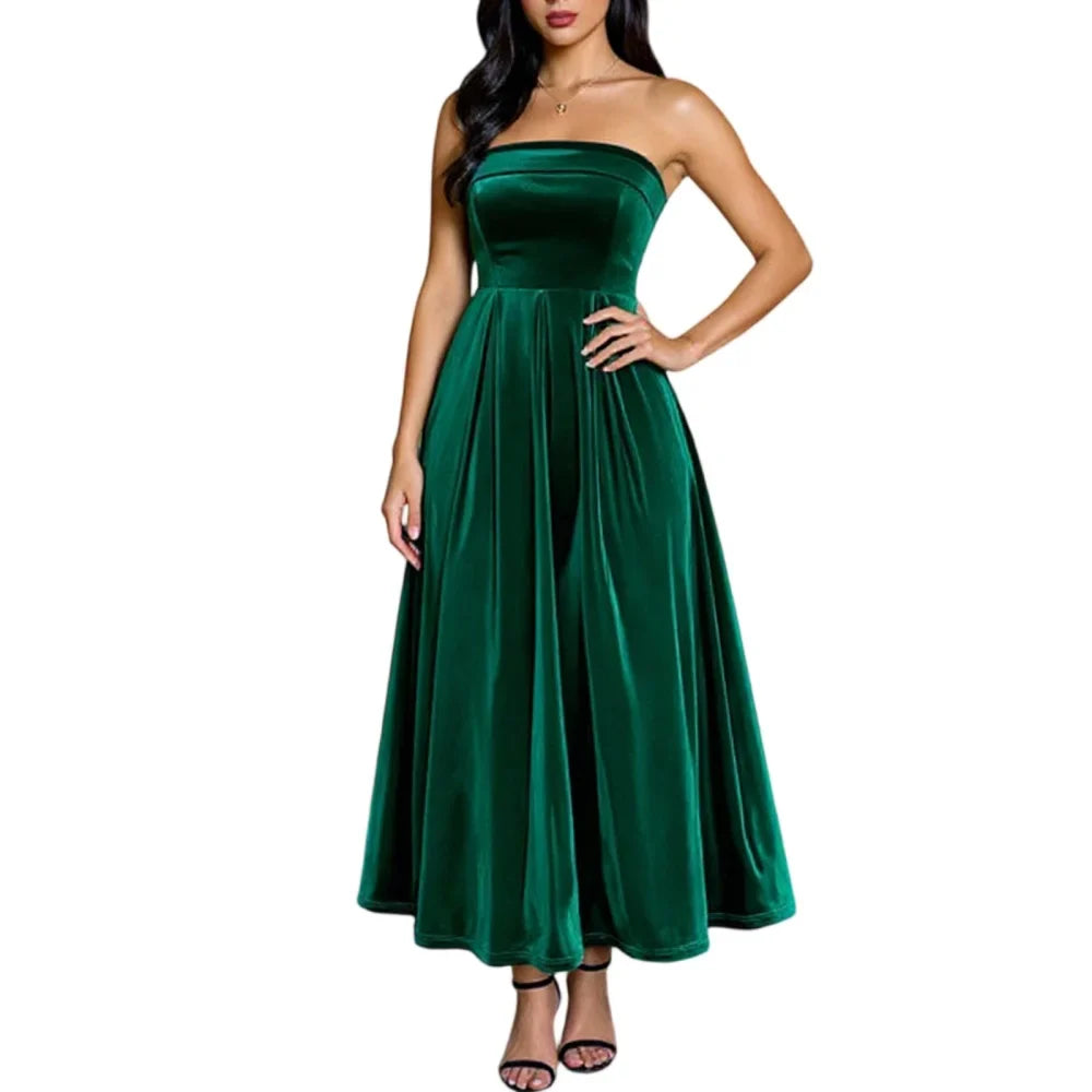 Women's Elegant Party Dresses Strapless Backless Velvet Long Dress Fashion Retro Dress Female Evening Dresses Vestidos Largos