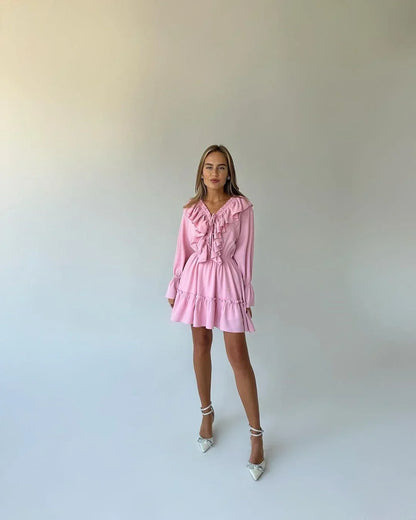 White Ruffle Bandage Mini Dress Women's Elegant Patchwork Long Sleeve Dress New Slim V Neck Lace Up Summer Mini Dress
