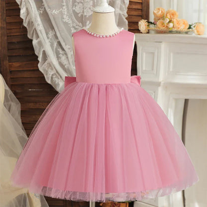 Princess Girl Bow Dress Kids Tulle Wedding Guest Party Birthday Pearls Elegant Bridesmaid Pageant Prom Ball Gown Gift