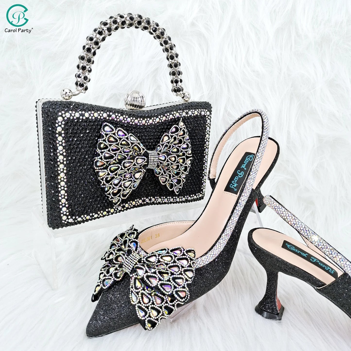 Butterfly-knot Princess Style! Nigerian Ladies Rhinestone-Encrusted Bag & Wear-Resistant and Comfortable Pointed-Toe High Heel