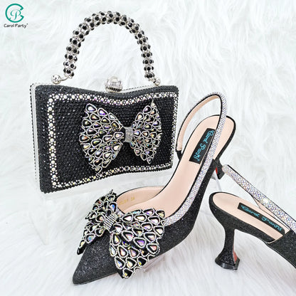 Butterfly-knot Princess Style! Nigerian Ladies Rhinestone-Encrusted Bag & Wear-Resistant and Comfortable Pointed-Toe High Heel