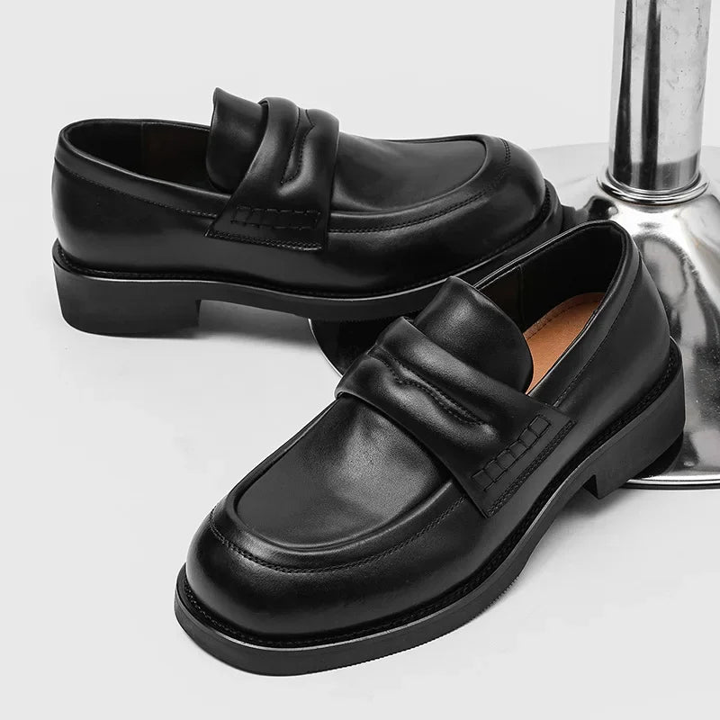 Low-Heel Round-Toe Business Casual Shoes Easy-To-Wear Thick-Heeled Height-Increasing Leather Loafers for Men Spring Autumn