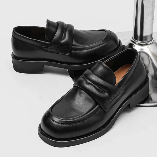 Low-Heel Round-Toe Business Casual Shoes Easy-To-Wear Thick-Heeled Height-Increasing Leather Loafers for Men Spring Autumn