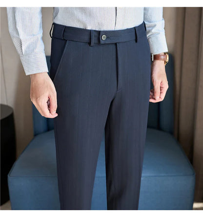 Men's Wool Blend Dress Pants, Elastic Waist Business Trousers, Tapered Slim Fit, Charcoal Gray Black Navy