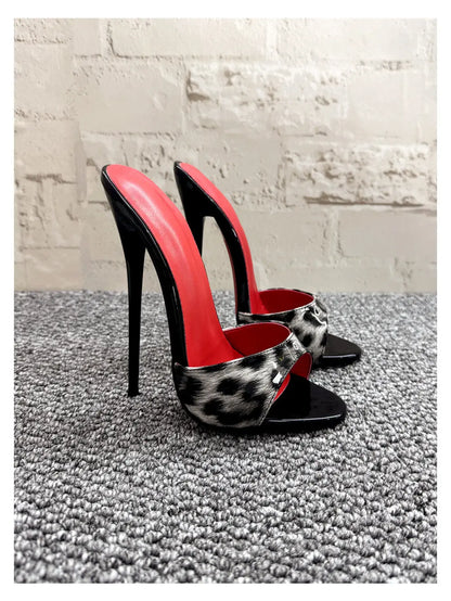 New 12cm fashionable high-heeled patent leather leopard print slippers with sexy open toed sandals, reversed size, 33-46