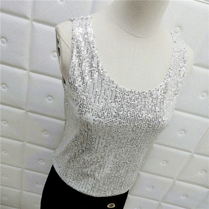 Sparkling Sequins Round Neck Vest Women's Outer Wear 2022 Summer New Bright Silk Fashion Glitter Bottoming Shirt Suspender Top