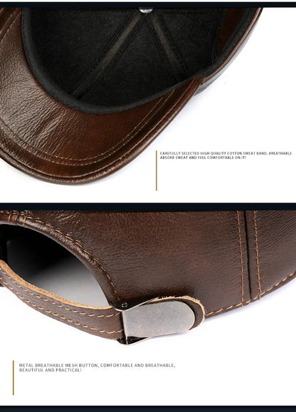 Warm Hat Man 2024 Winter Genuine Leather Baseball Caps Male Casual Cowhide Belt Ear Protect Sport Hockey Hunt Flight Casquette