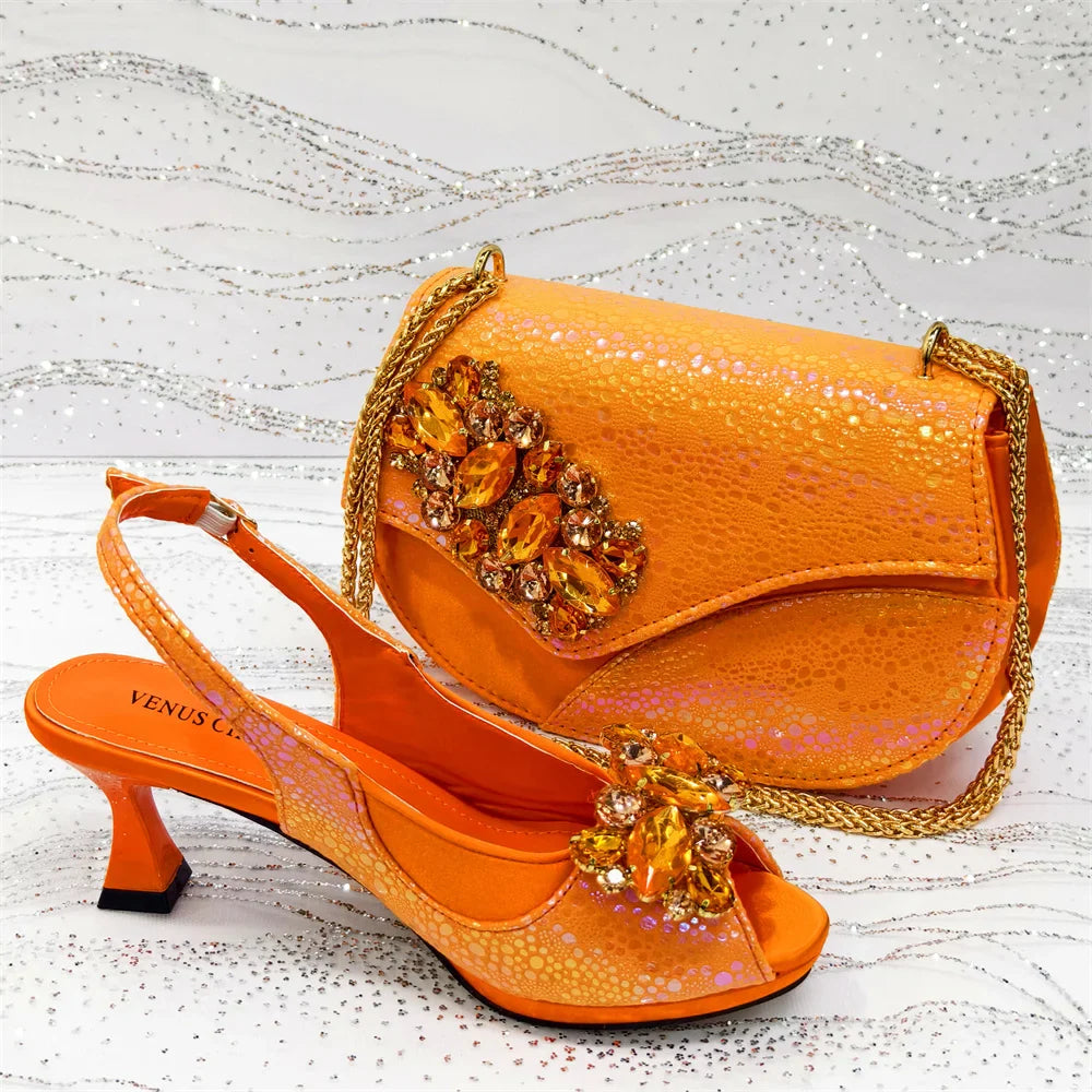 Rhinestone Design African Shoes & Bag Set in Green – Open Toe Comfortable Women's Heels