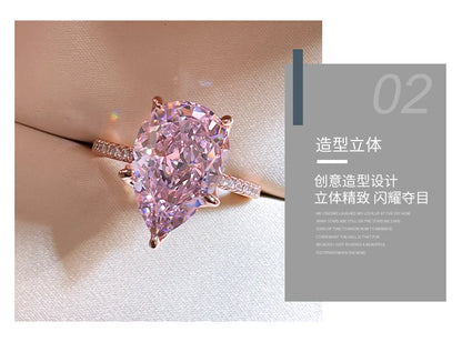Fashionable, niche, high-end,versatile 925 sterling silver droplet pink diamond ring inlaid with high carbon diamond temperament