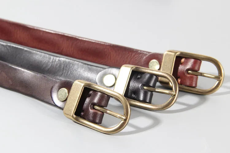 Retro Narrow Cowhide Women's Belt Pure Copper Button Top Cowhide All-match Casual Jeans Belt High Quality Luxury Women Belt