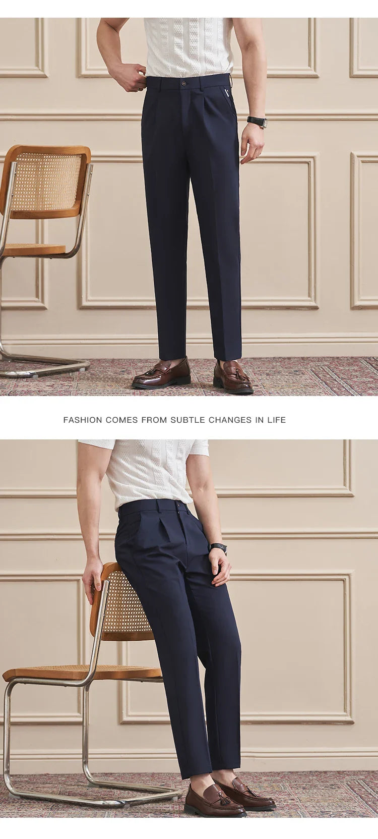 High Quality Men's Business Casual Slim-Fitting Suit Pants, Classic Solid Color Straight Work Trousers