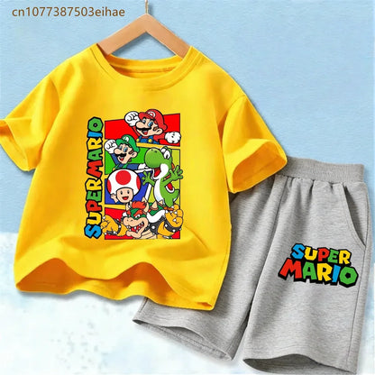 Lovely Mario Pattern Boys Girls Clothing Sets Soft Cotton Short Sleeve T Shirt + Casual Shorts 2PCS Summer Daily Wear Outfits
