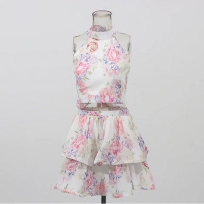 Chic Floral Printed Mini Dress Backless Sleeveless Hem Stacking Dresses Sweet A Line Vestidos 2025 New Lady Party Club Clothing