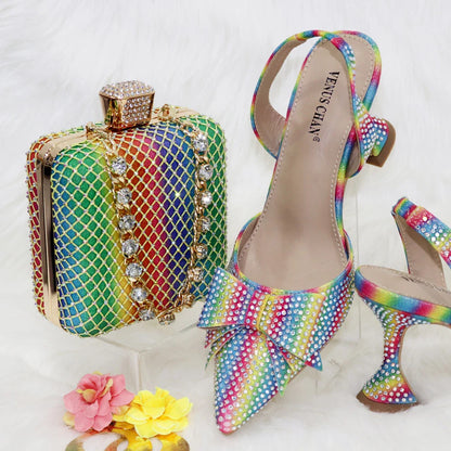 Gold 2024 Heels for Women Pointed Toe With Bows Gold Color Rhinestone  Elegant Party Wedding Shoe and Bag Set