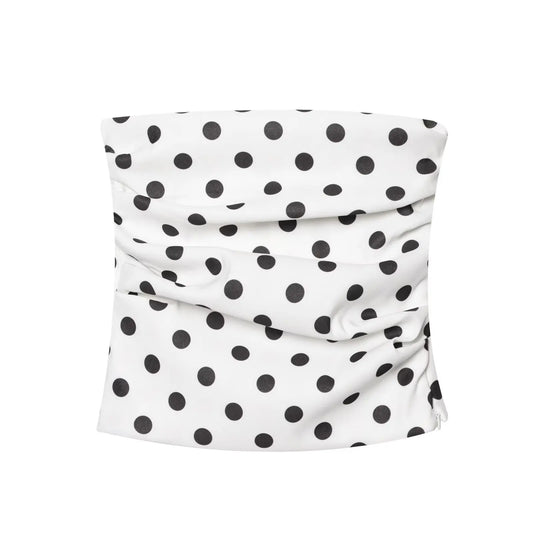 2025 New Women Sexy Strapless Polka Dots Print Pleated Slim Blouse Female Side Zipper Slim Shirts Blusas Chic Tops LS9264
