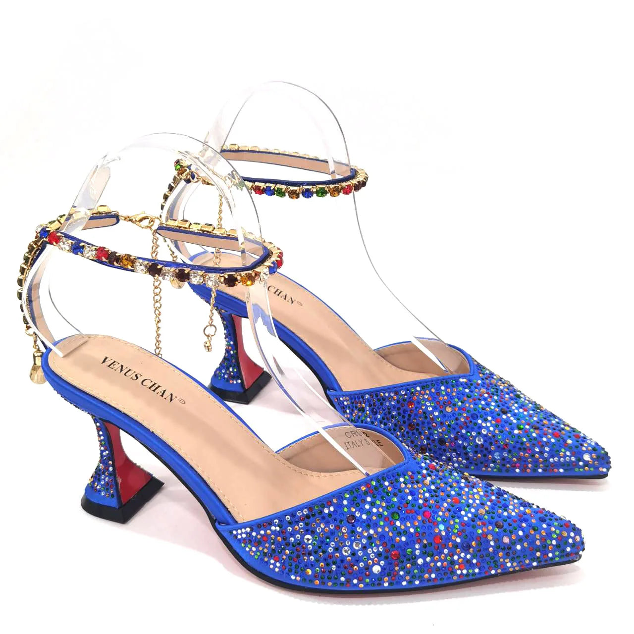 Italian Design Luxury Women's Pointed Shoes And Bag Set Blue Full Diamond Decoration Shoes for Party