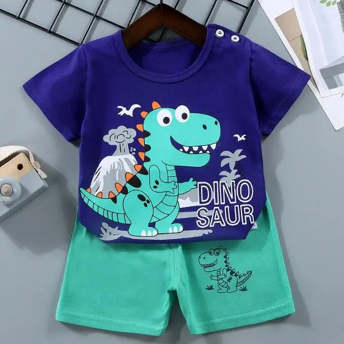 Kids Boys Short Sleeves Tees+Shorts 2-piece Clothes Set Cartoon Dinosaur Bear Summer Girls Soft Cotton Sports Casual Suit 1-6 Y