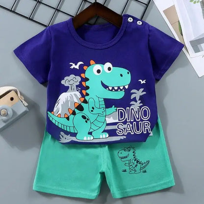 Kids Boys Short Sleeves Tees+Shorts 2-piece Clothes Set Cartoon Dinosaur Bear Summer Girls Soft Cotton Sports Casual Suit 1-6 Y