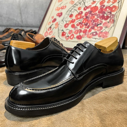 Genuine Leather Classic Black Lace Up Pointed Toe Wedding Formal Elegant Derby Shoes For Men With Free Shipping