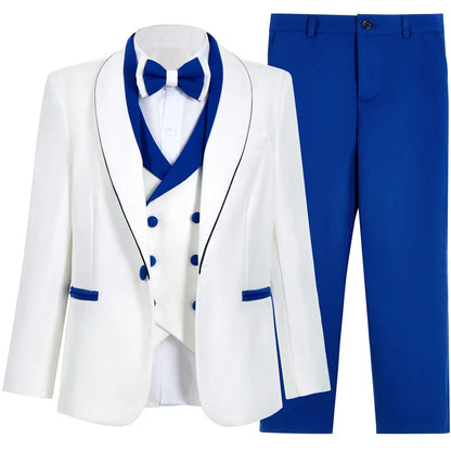 Classic White & Royal Blue Tuxedo Set for Boys 3-14 Yrs Communion Suit Jacket Vest Pants Bow Tie Elegant Shawl Collar Children