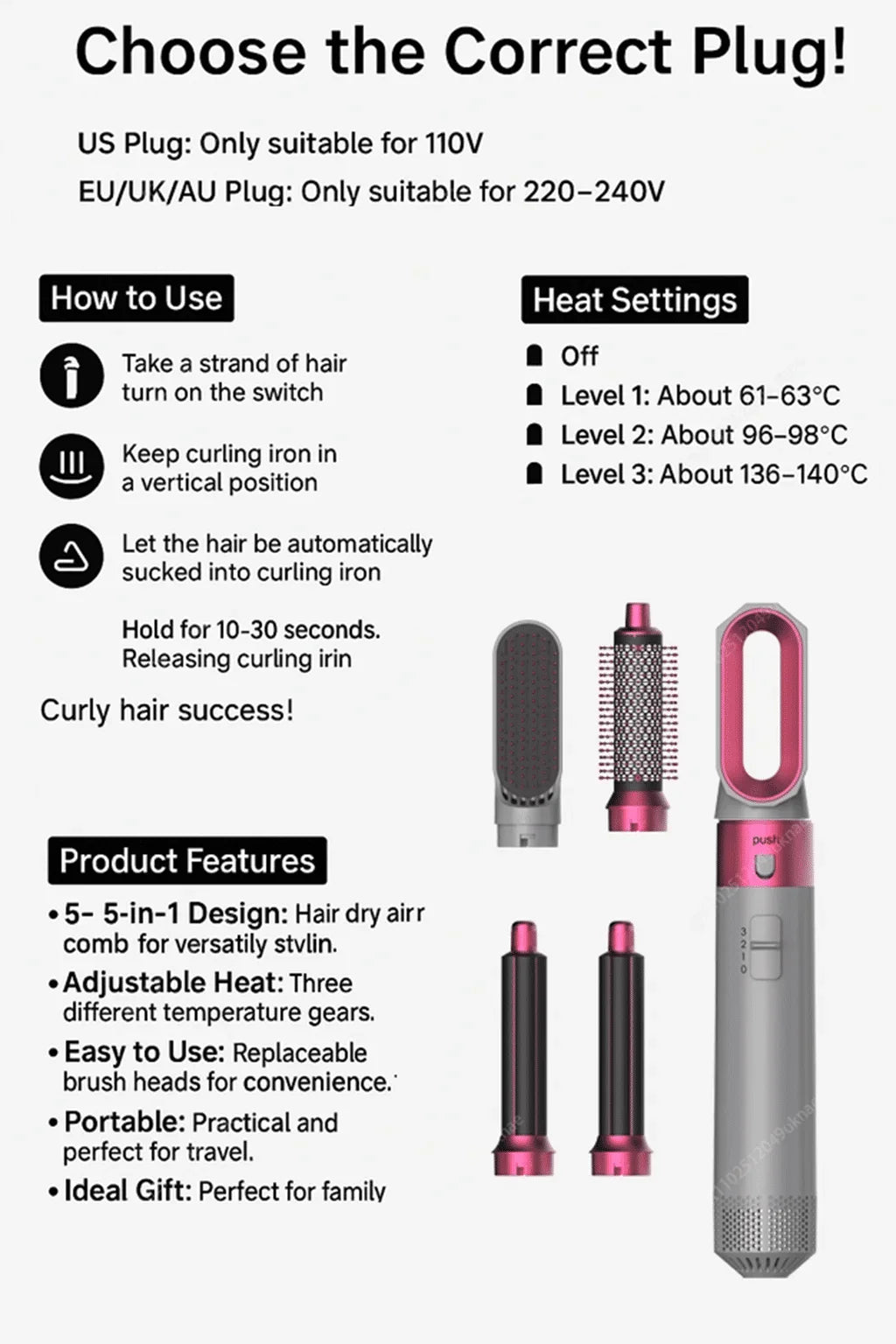 5 In 1 Professional Hair Dryer Hot Air Comb Brush With Curling Iron And Hair Straightener For Salon Quality Hair Styling