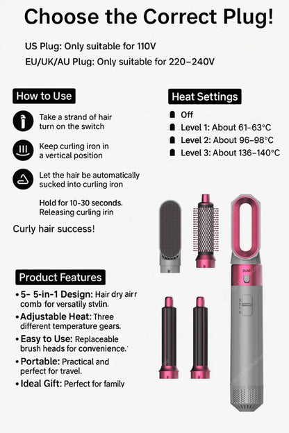5 In 1 Professional Hair Dryer Hot Air Comb Brush With Curling Iron And Hair Straightener For Salon Quality Hair Styling