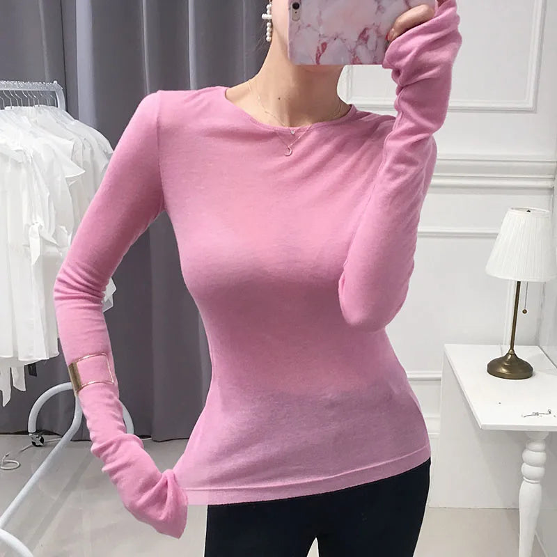Shirt Women T-Shirt Long Sleeve Korean Style Slim Basic Elasticity Tshirt Top Womens Clothing T Shirt Femme