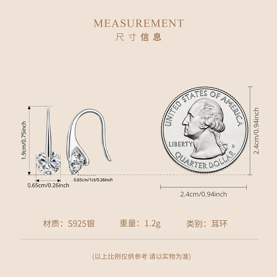 1CT Moissanite French Wire Hook Earrings Rotatable VVS1 Lab Diamond 925 Sterling Silver for Women Minimalist Jewelry Gift