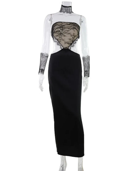 Hollow Out Strapless Lace Patchwork Hip Wrap Sexy Club Women Dresses Sheath Bodycon Fashion Female Outfits Party Slim