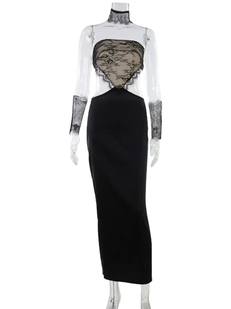 Hollow Out Strapless Lace Patchwork Hip Wrap Sexy Club Women Dresses Sheath Bodycon Fashion Female Outfits Party Slim