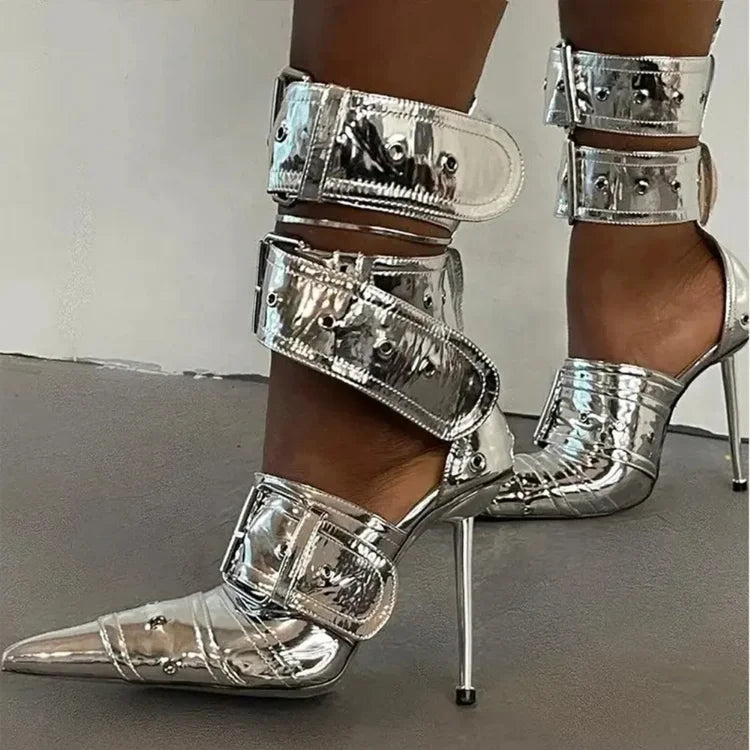 Denim Metal Rivet Buckle Silver Sandals Women's Sexy Punk Style Pointed Metal Hollow 12cm High Heels Size 34-43 Womens Shoes