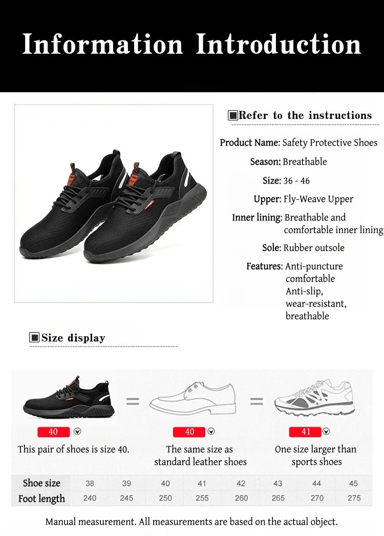 Steel-toe work shoes, puncture-resistant safety boots, sturdy industrial shoes, comfortable and breathable, and slip-resistant.