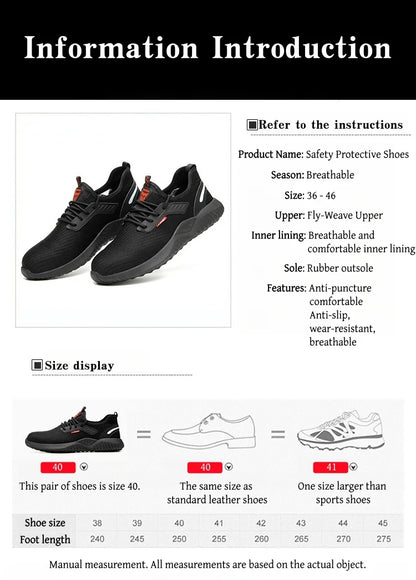 Steel-toe work shoes, puncture-resistant safety boots, sturdy industrial shoes, comfortable and breathable, and slip-resistant.