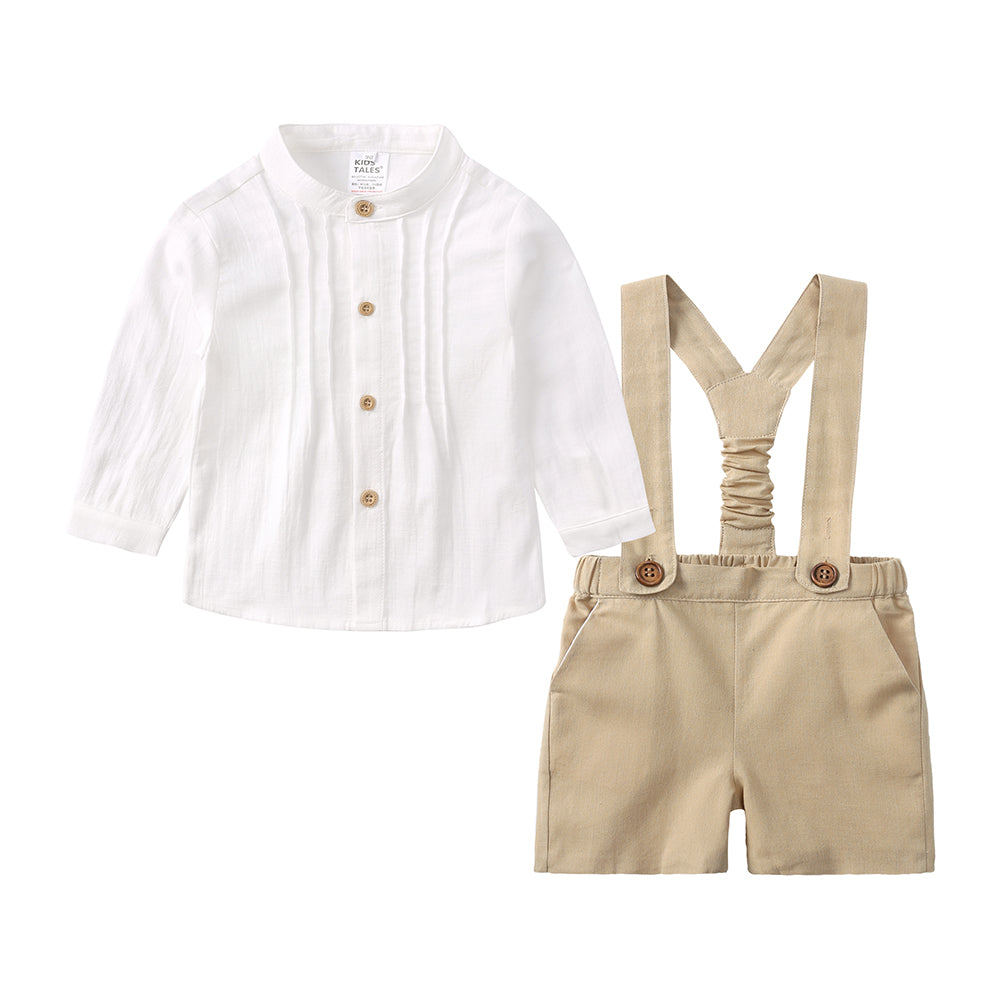Baby Boy Gentleman Outfits Infant Cotton Linen Stand Collar Short Sleeve Shirts+Suspender Shorts Little Kid Overalls Clothes Set