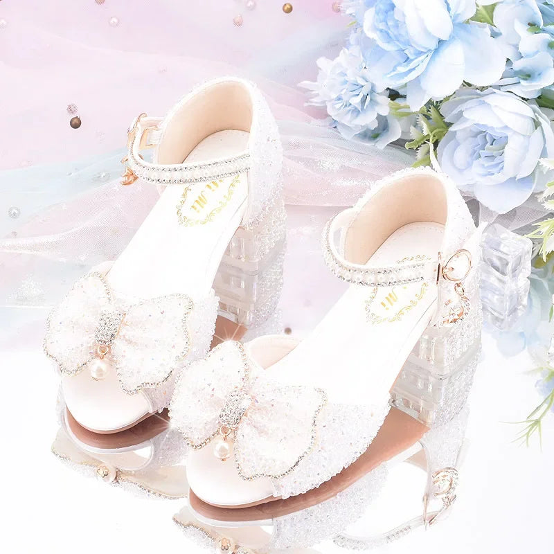 2025 Summer Girls' Princess Shoes Fashion Sequin Bow Soft Bottom Children's Sandals Girls' Performance Pearl Crystal High Heels