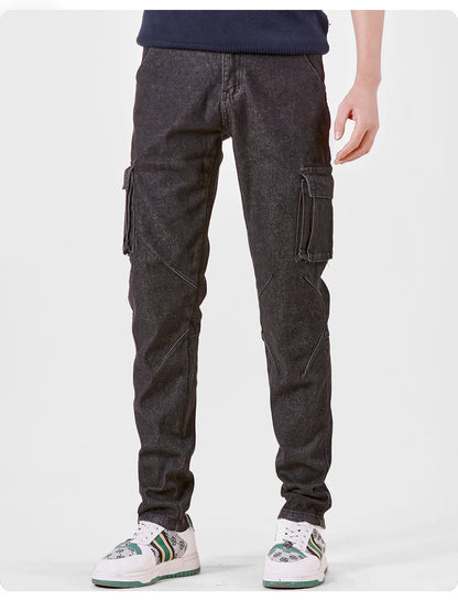 Men's Jeans Street Style Waist Denim Cargo Pants Solid Color Washed Slim Fit Casual Jeans with Multiple Pockets for Daily Wear