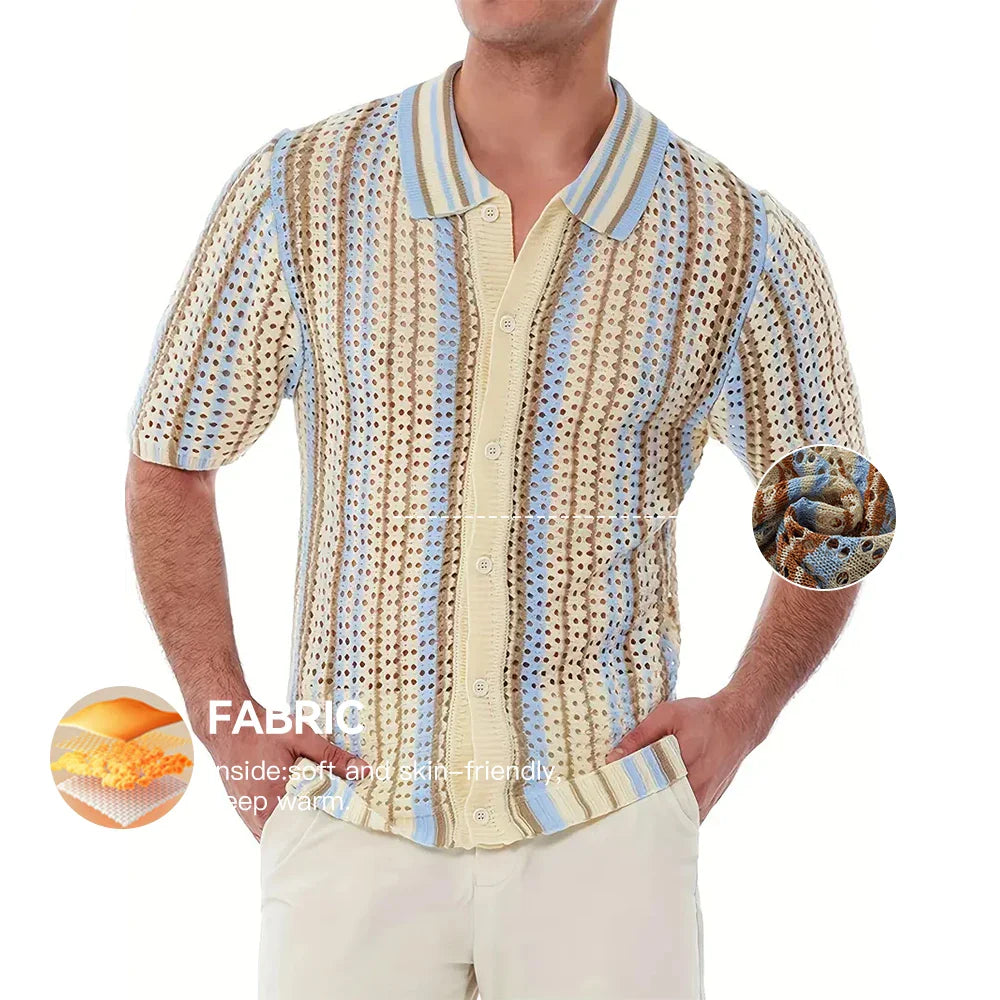 Men's Short Sleeve Summer Fashion Retro Knit Lapel Top Solid Color Soft Breathable Light Polo Knitwear Men US Size