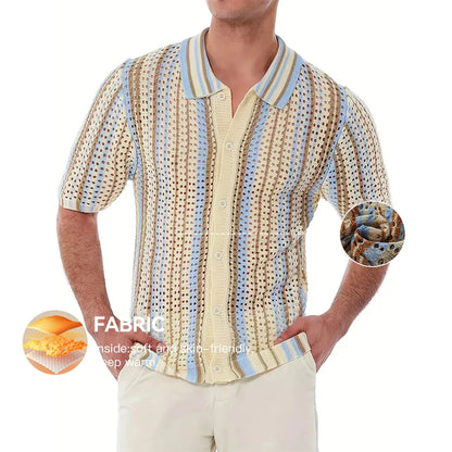 Men's Short Sleeve Summer Fashion Retro Knit Lapel Top Solid Color Soft Breathable Light Polo Knitwear Men US Size