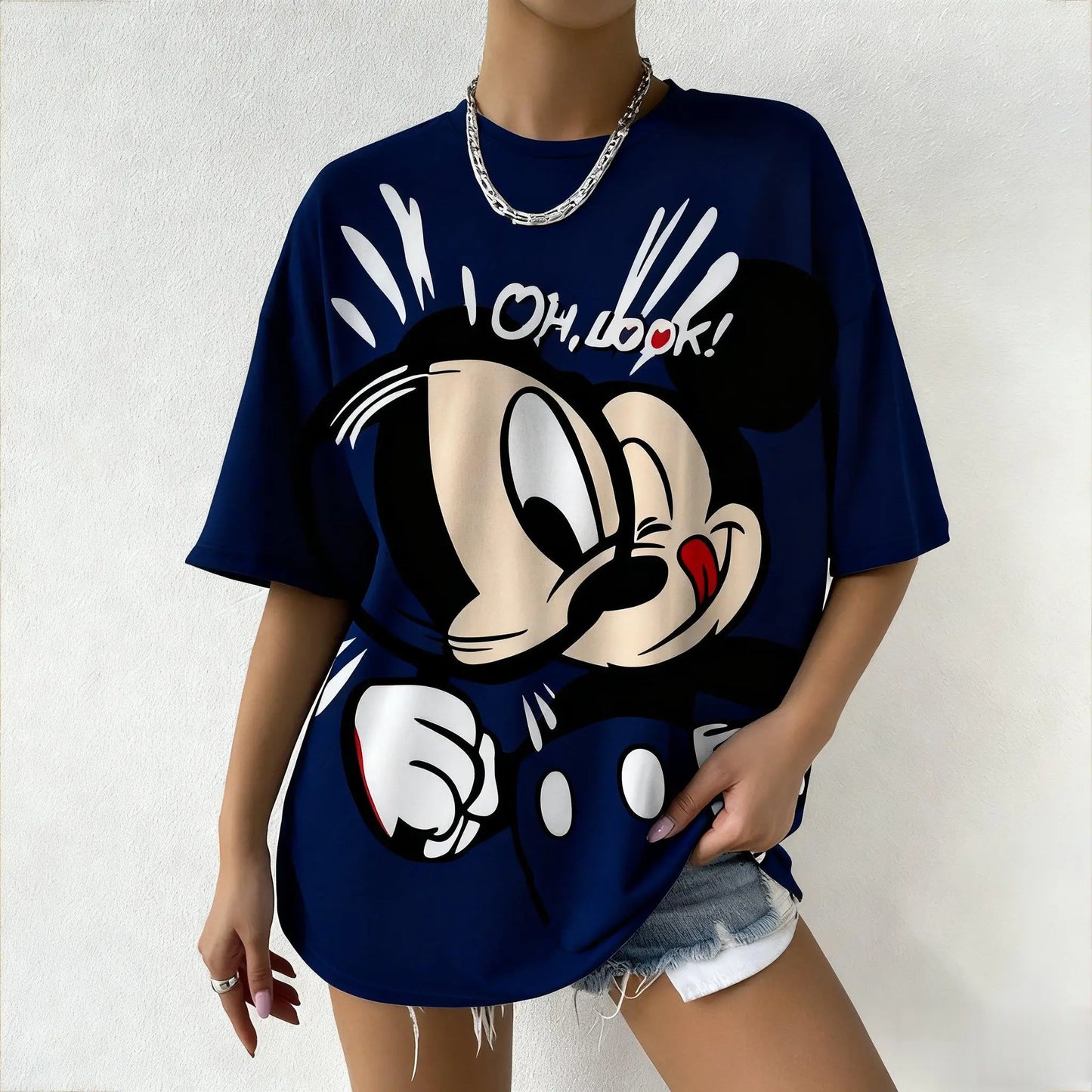 Summer Mickey Mouse Oh Look Printed Women Tshirt Cartoon Graphic Tee Oversized Vintage Streetwear Fashion Y2k Tops