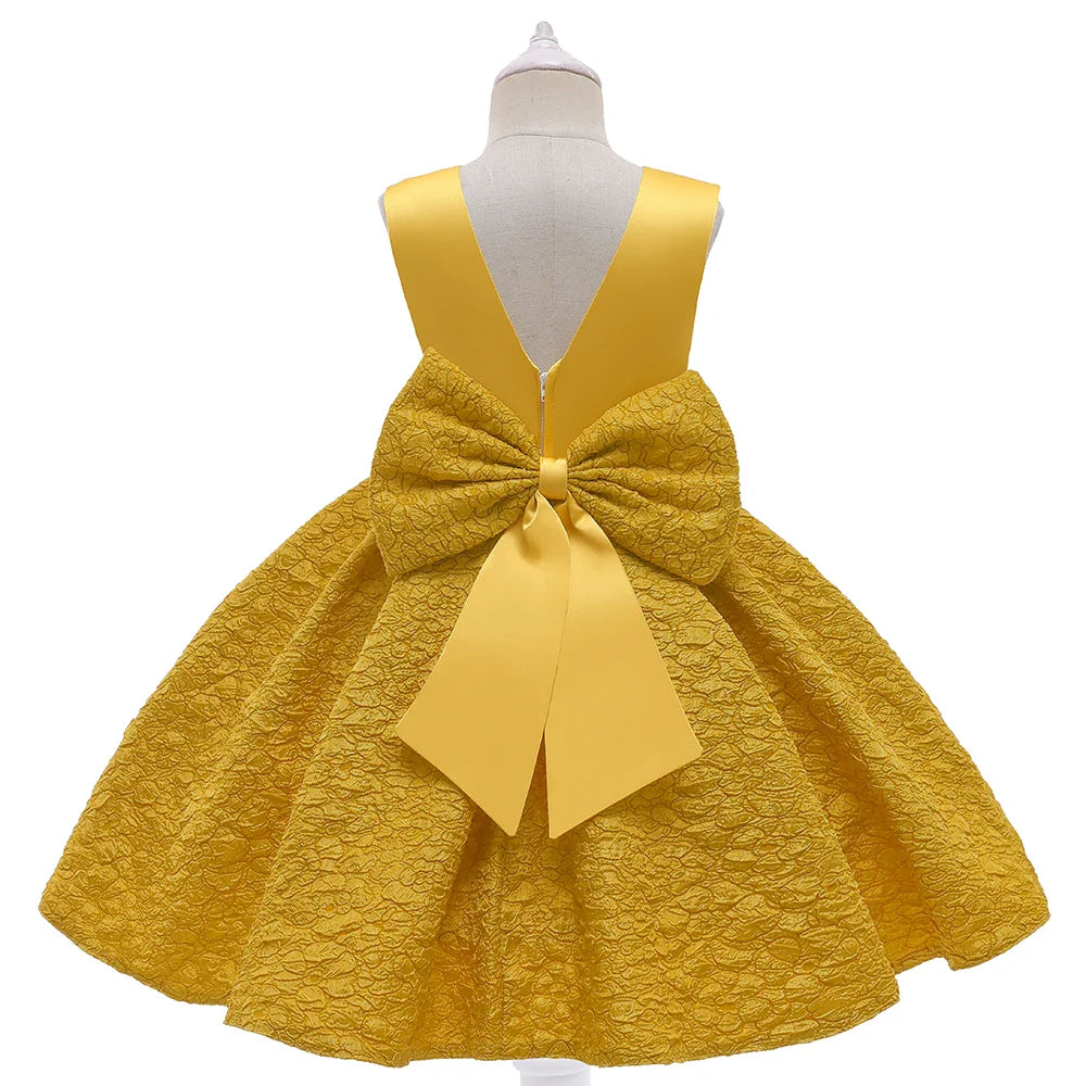 Vestido de festa infantil dourado de verão com laço para meninas Fantasia infantil elegante Flor Casamento Aniversário Vestidos de princesa Roupa de noite para meninas
