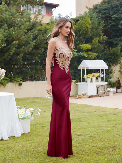 Burgundy Evening Dress Illusion O-Neck Sequins Appliques Sleeveless Mermaid Prom Dress Slim Empire Party Trumpet Gown