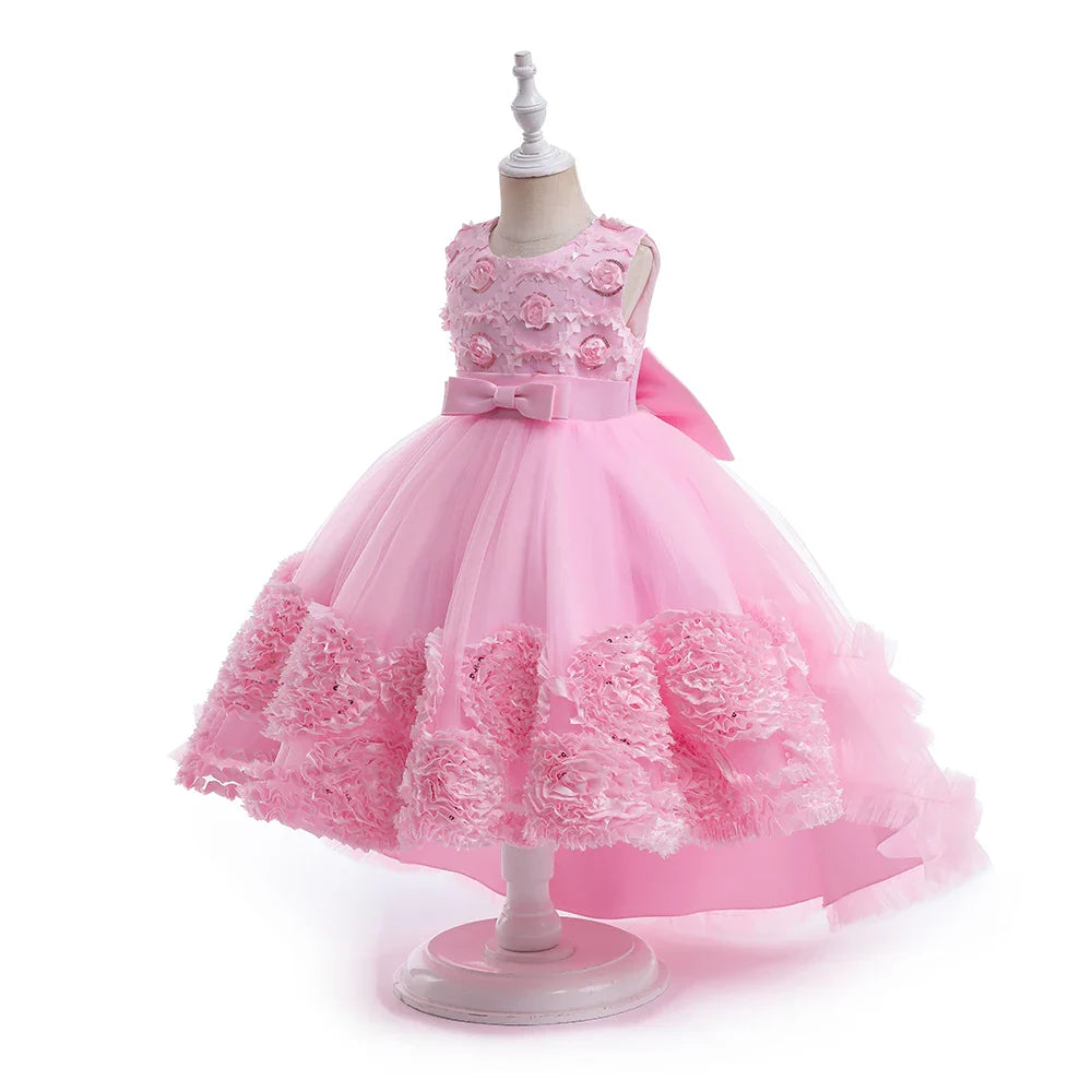Summer Flower Party Girls Dress Christmas Costume Tulle Trailing Bridesmaid Princess Kids Dresses for Girl Wedding Birthday Gown