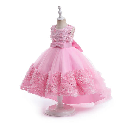 Summer Flower Party Girls Dress Christmas Costume Tulle Trailing Bridesmaid Princess Kids Dresses for Girl Wedding Birthday Gown